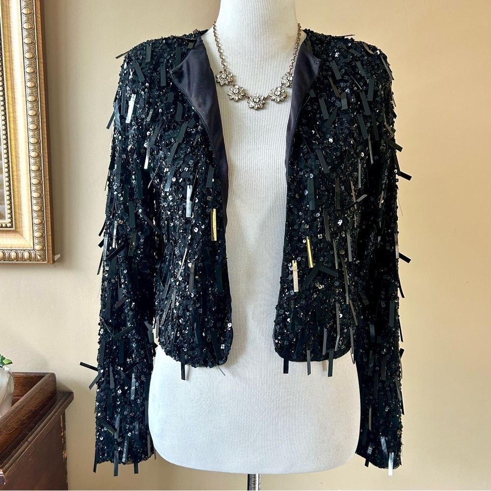 Nasty Gal Black Sequin Cropped Jacket Blazer Fringe Size XS